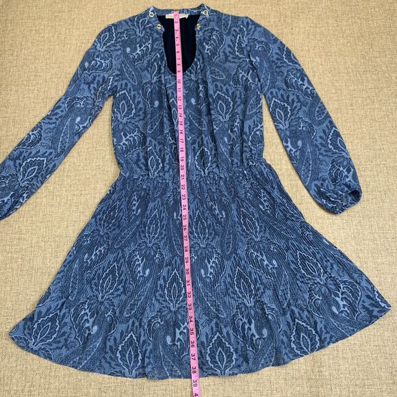 Michael Kors Blue Paisley Peasant Sleeve U Neck sheath Chiffon Dress formal - Picture 8 of 16
